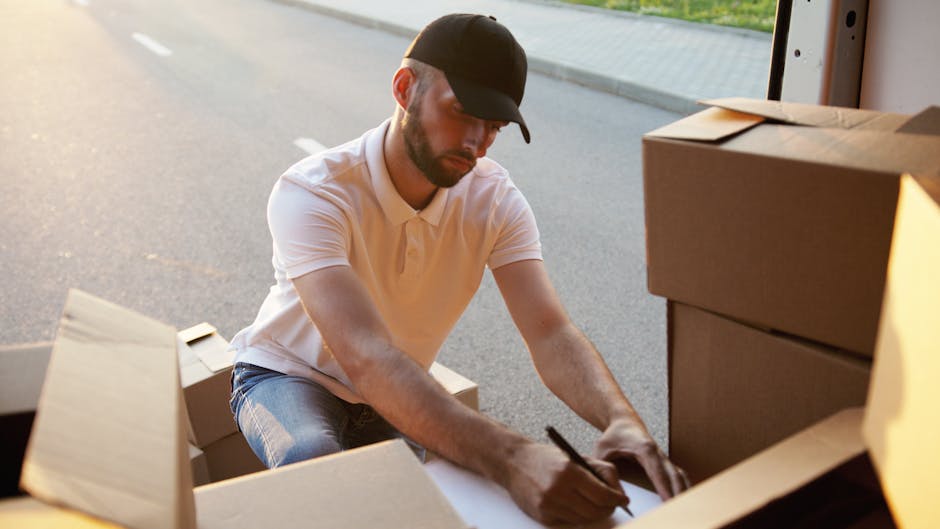A man wearing a black cap and a white polo shirt is kneeling outdoors on a paved surface, carefully packing a cardboard box with writing tools and paperwork during a home relocation process. Surrounding him are several large cardboard boxes, some sealed and others open, containing various packing materials such as plastic wrapping, fabric covers, and smaller cartons. Behind him, a vehicle with an open rear door is visible, indicating loading or unloading activities typical of a furniture transport and moving service. The scene is well-lit with natural daylight, and the background includes a portion of the street and sidewalk. This image illustrates the packing and loading process involved in professional removals services, as provided by Movers Brompton, supporting effective house moves like those described on the Kings Road to South Kensington moving checklist.